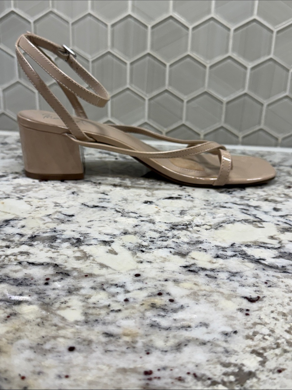 Patent Nude Low Block Heel Slingback Sandals - Picture 8 of 12